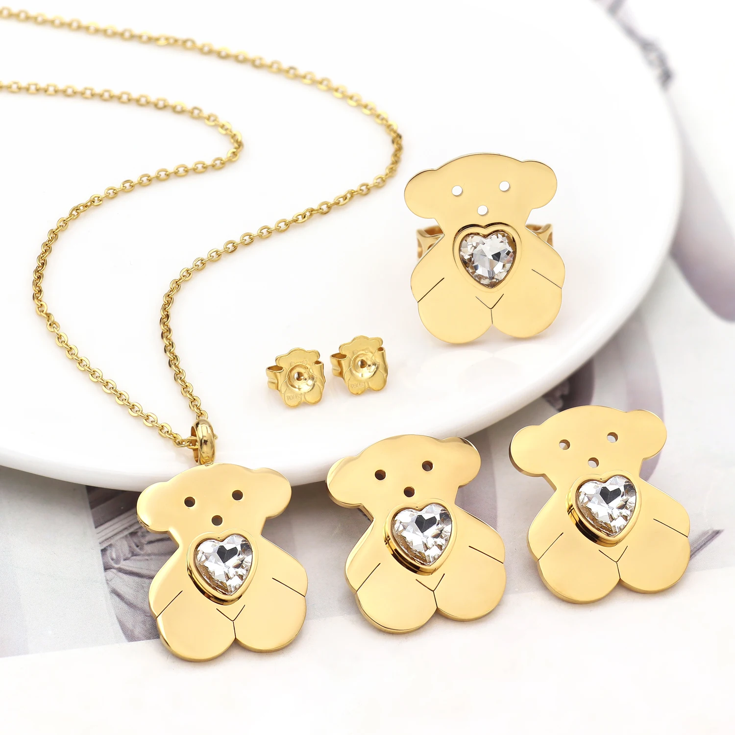 Joyas De Acero Inoxidable Heart Hollow Full Stone Cubic Zircon Crystal Stainless Steel Bear Jewelry Set For Woman