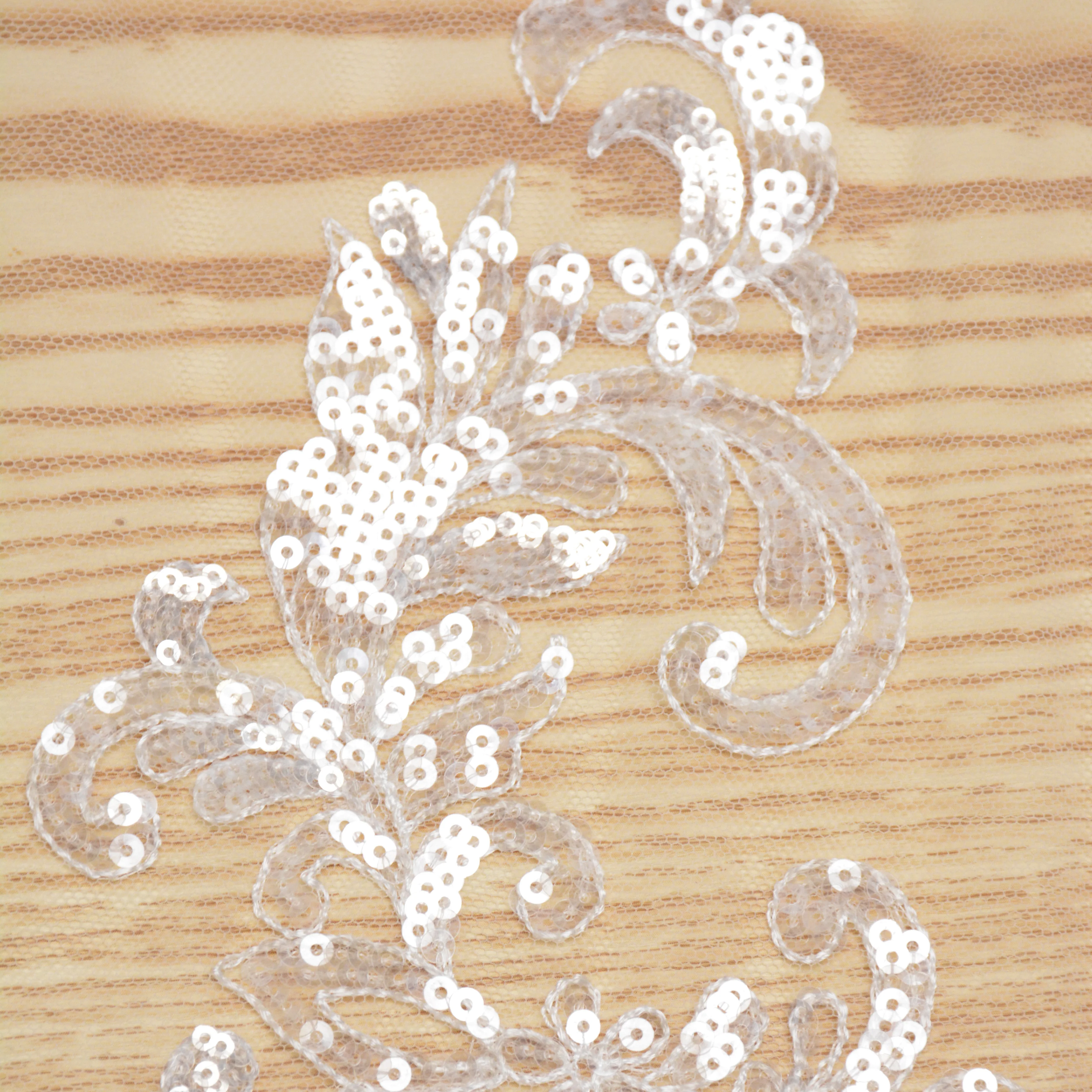 Best selling bridal veil lace applique stretch sequins fabric embroidery white