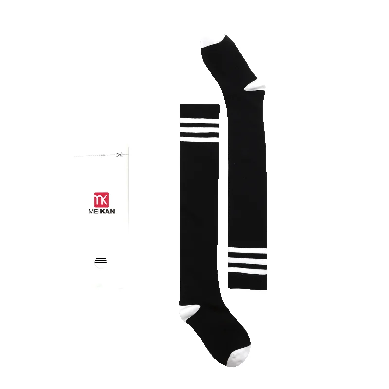 Apparel Wholesale Custom Breathable Knit Knee High White & Black Striped Combed Cotton Women Long Thigh High Socks