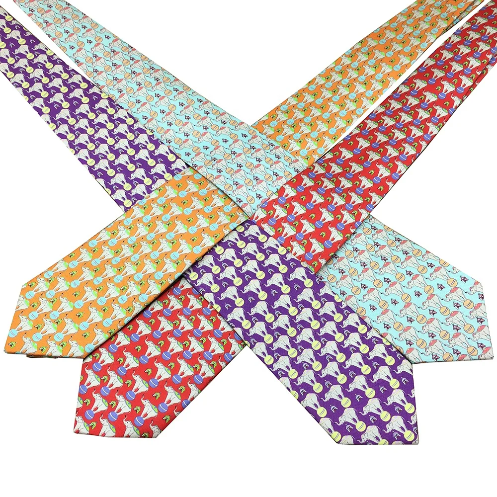 High Quality China Supplier Custom Necktie Handmade Circus Troupe Animal Elephant Print Novelty Men Colorful Man Silk Ties