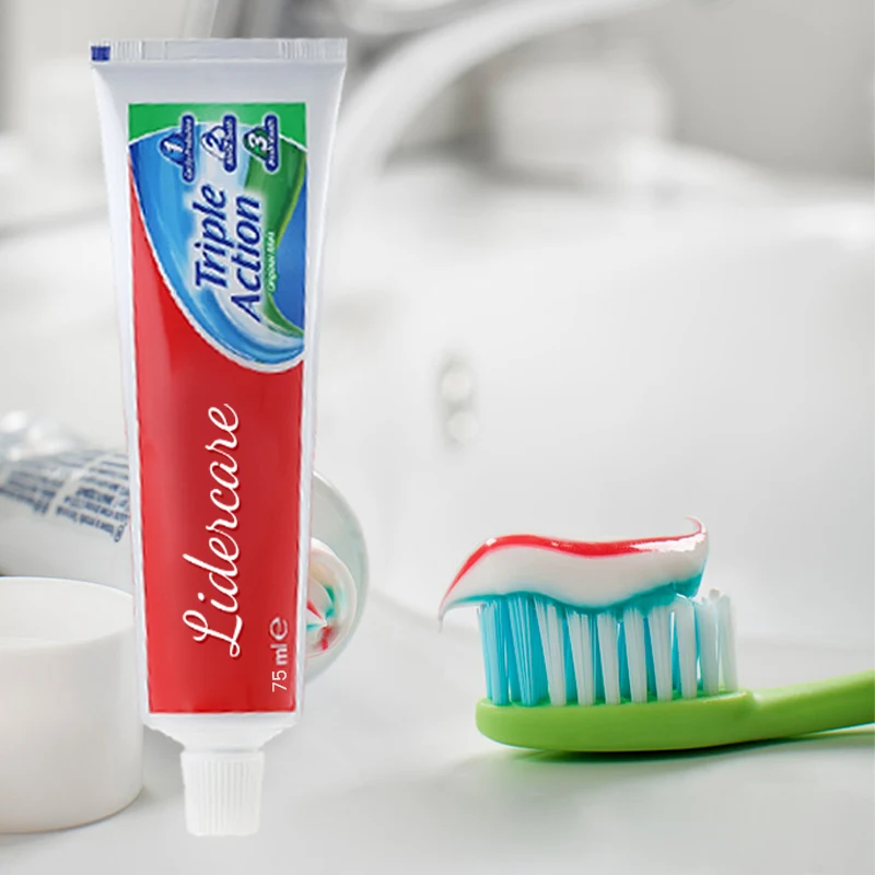 Custom private logo triple action toothpaste Whitening Removes Stains Fresh Breath Anti-sensitivity Three Color Toothpaste
