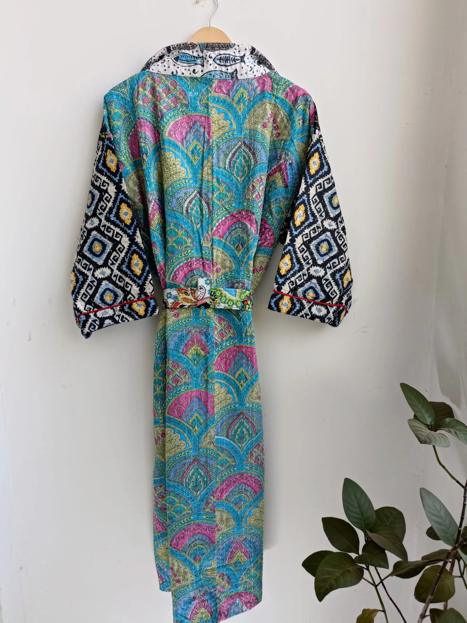 Indian Kantha Printed Robe Gown Women Boho Maxi Long Kimono Dress Sleepwear at Wholesale Price from India