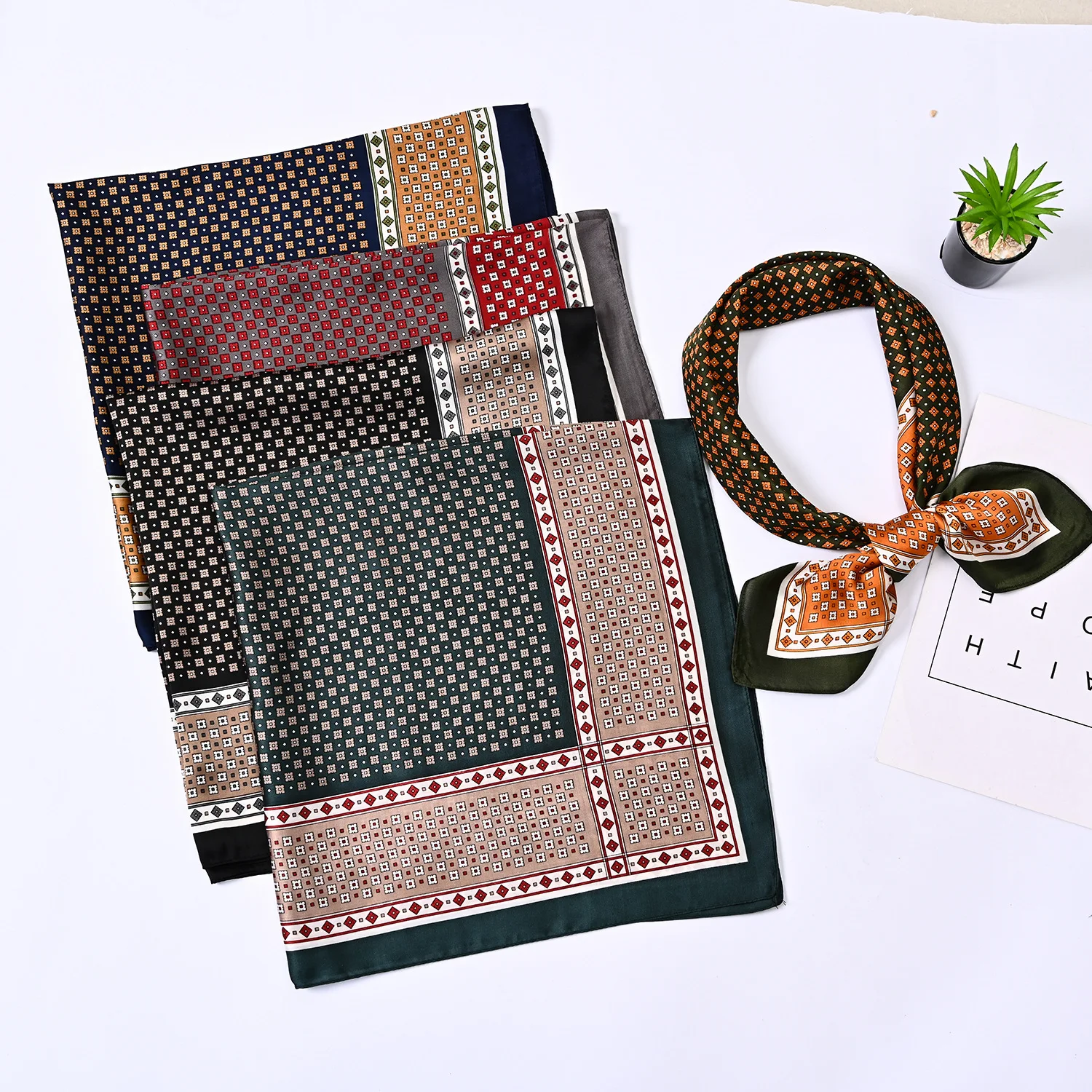 Factory Direct Sell 70cm Polyester Grid Dots Geometric Print square Scarf