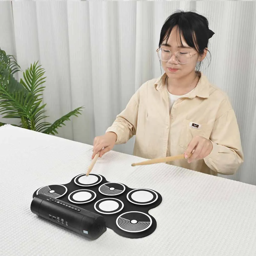 Hand Roll Drum with Built-in Speaker 7 Different style  with 2 pedals Rechargeable Battery and silicone material