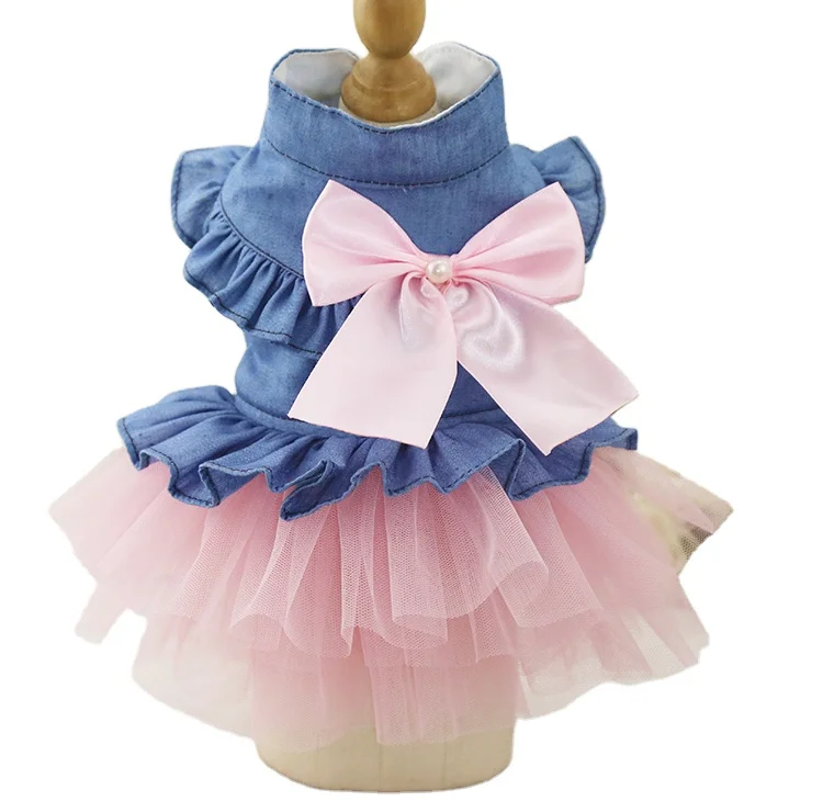 OEM Pet Denim Dress with Cute Bow-Knot Comfy Vest Skirt Lace Trim Tutu Summer Spring Clothes for Cats and Small Dogs
