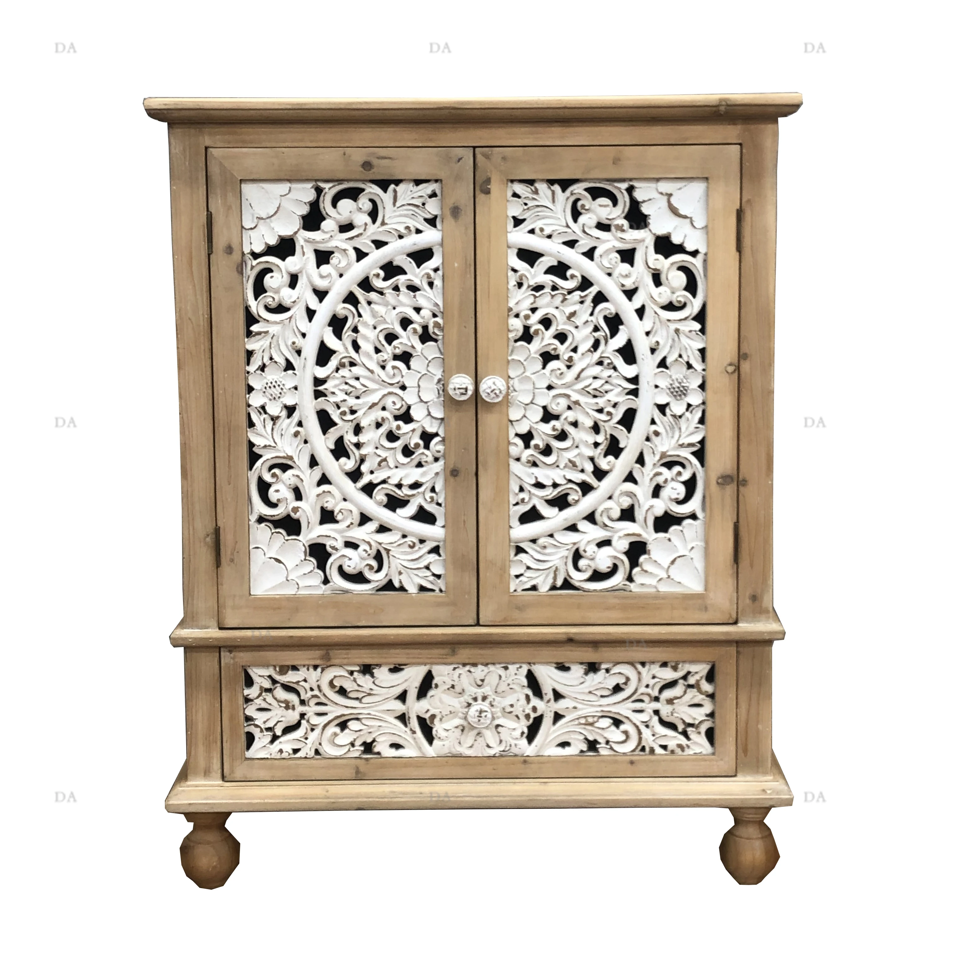 Home Decoration MDF High Cabinet Furniture Elegant Antique White Wooden Carving High Storage Cabinet