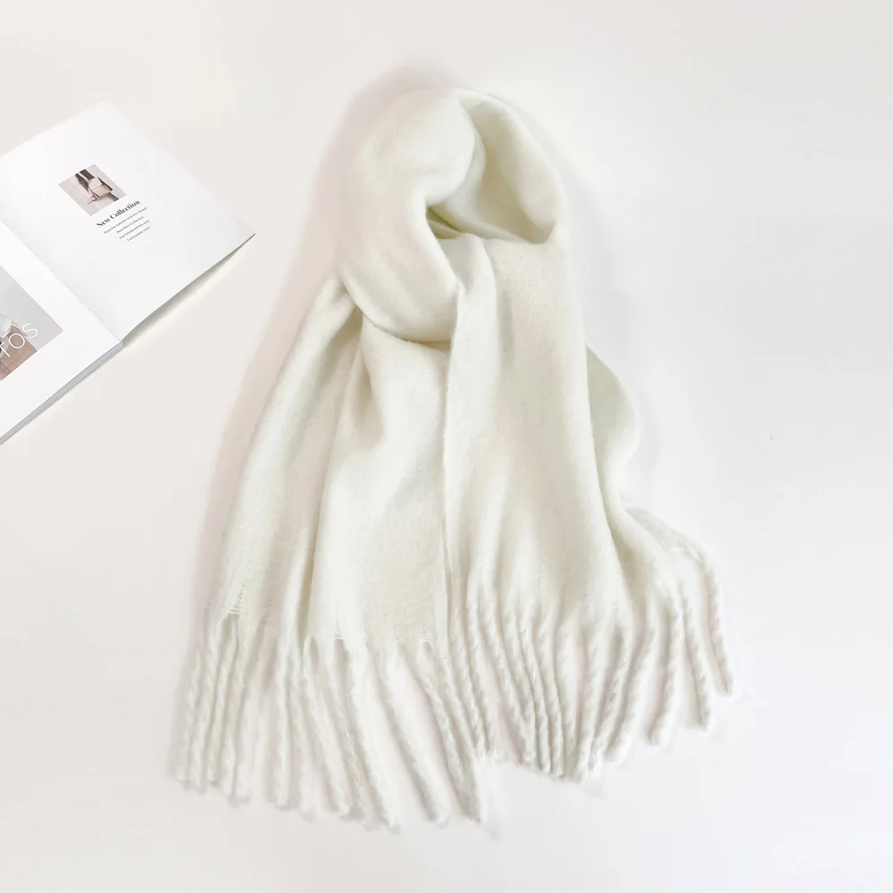 Winter Warm Woven Scarf  Long Solid Color Women  Thick Unisex Mohair Fabric Cashmere Warm Scarf With Tassel