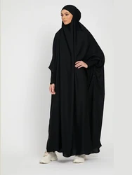 Muslim Women Jilbab One-piece Prayer Dress Hooded Abaya Smocking Sleeve Dubai Saudi Black Robe Islamic Clothing Turkish Modesty