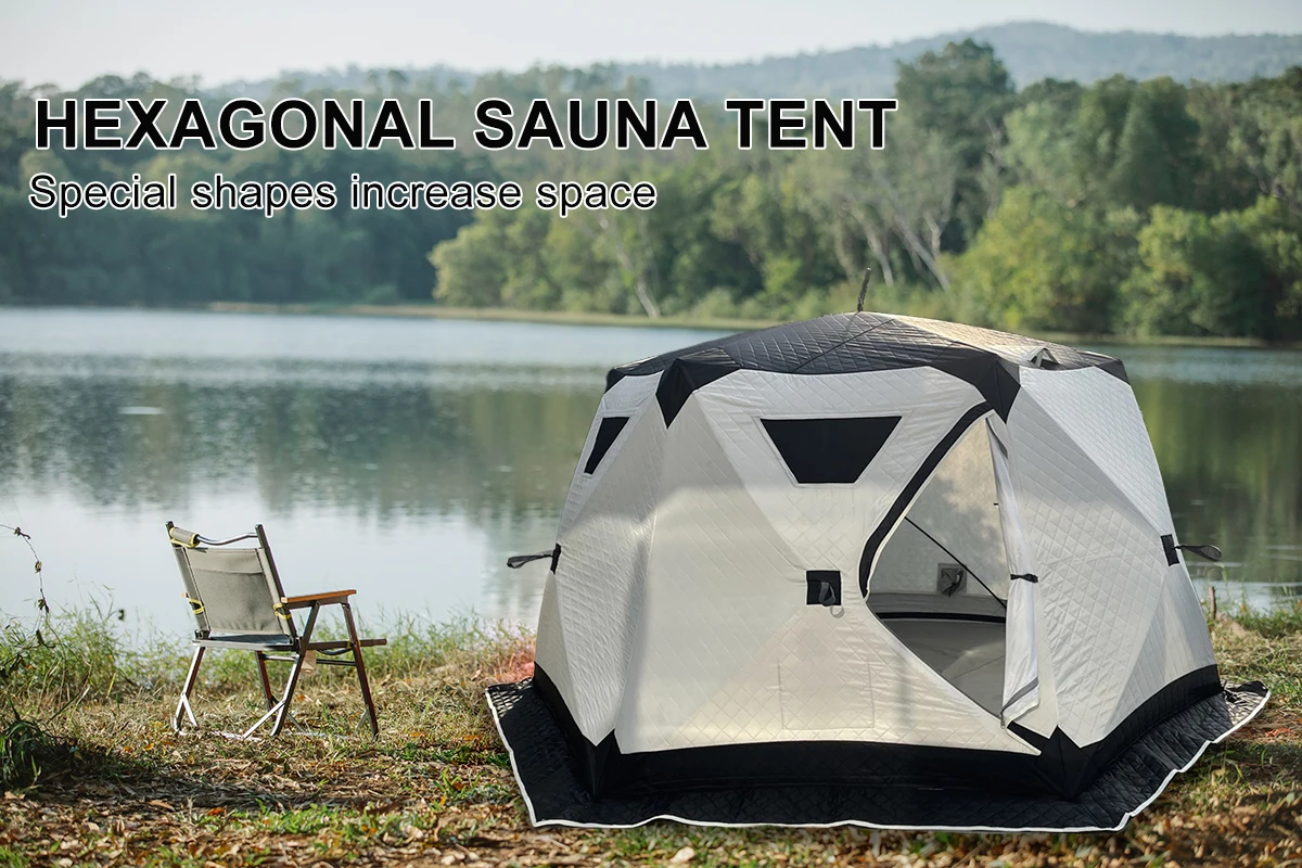 Outdoor Hexagon mobile sauna tent  Pop Up custom hub prism tent insulated ice fishing winter camping sauna tent manufacturer