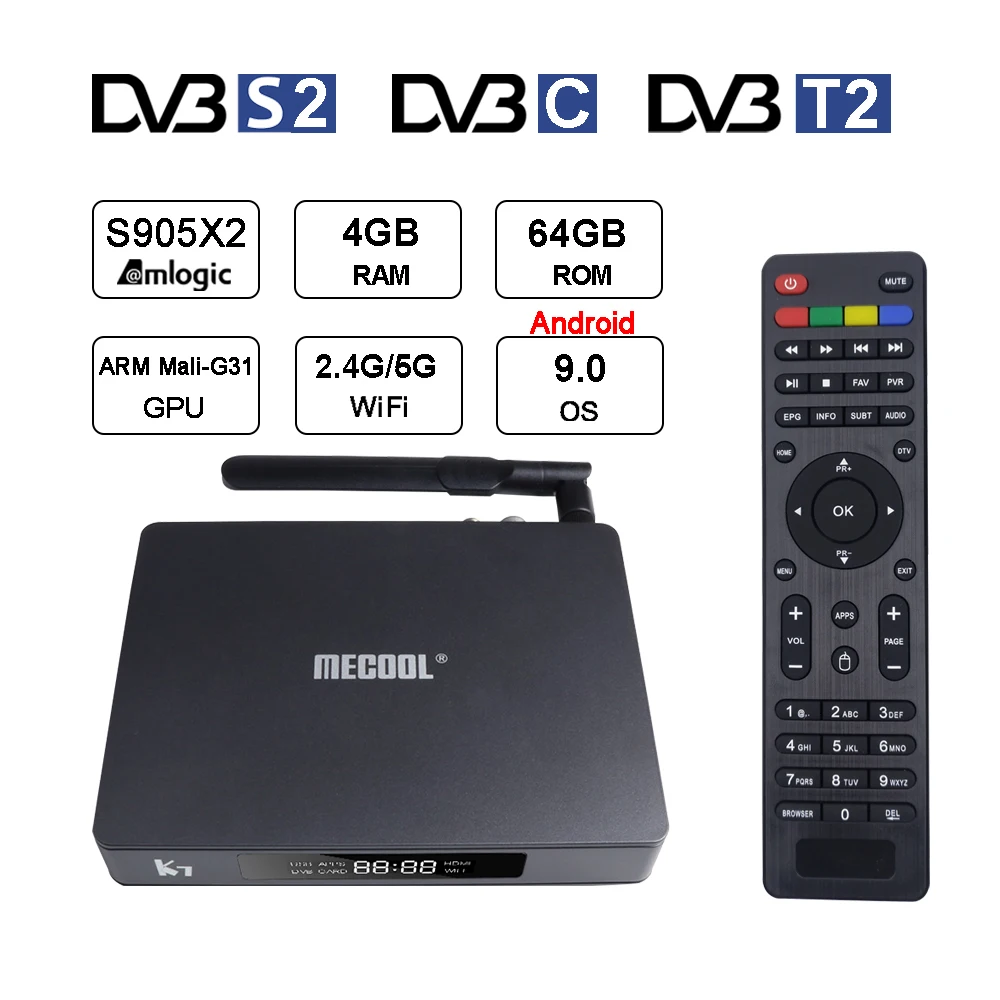 Оптовая цена MECOOL K7 Android 9 четырехъядерный DVB S2 T2 C спутниковый ресивер Гибридный ТВ-бокс для домашнего кинотеатра