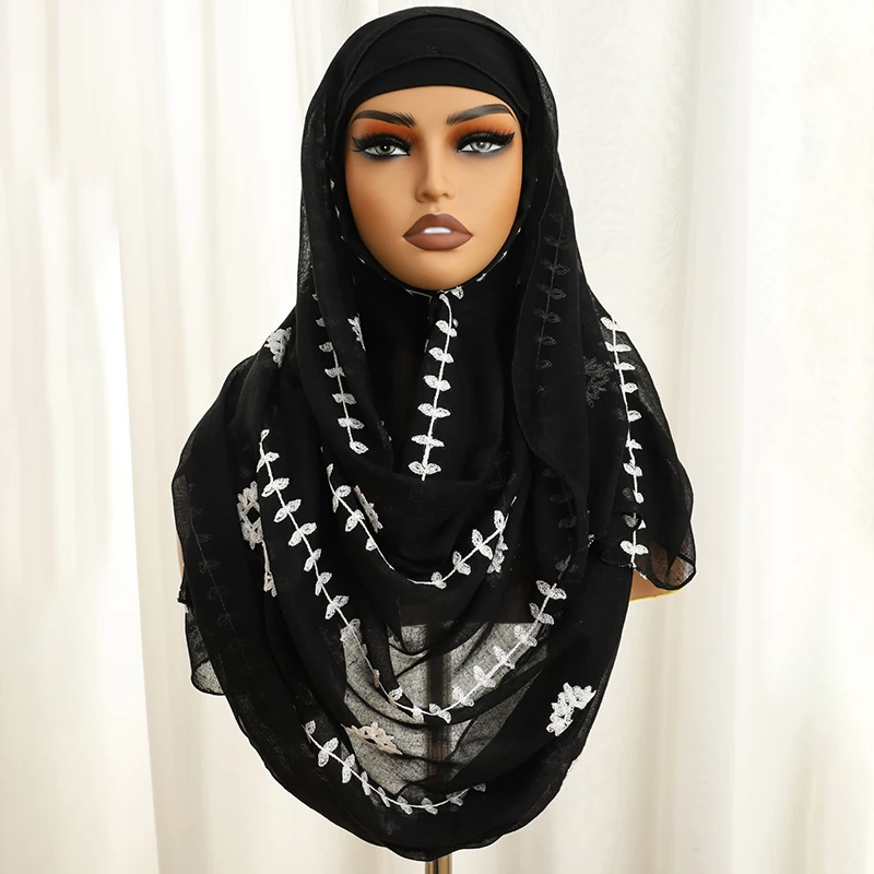 2023 New Design Embroidery Muslim Long Scarf Shawl Embroidery Designs Tudung  Cotton Hijabs