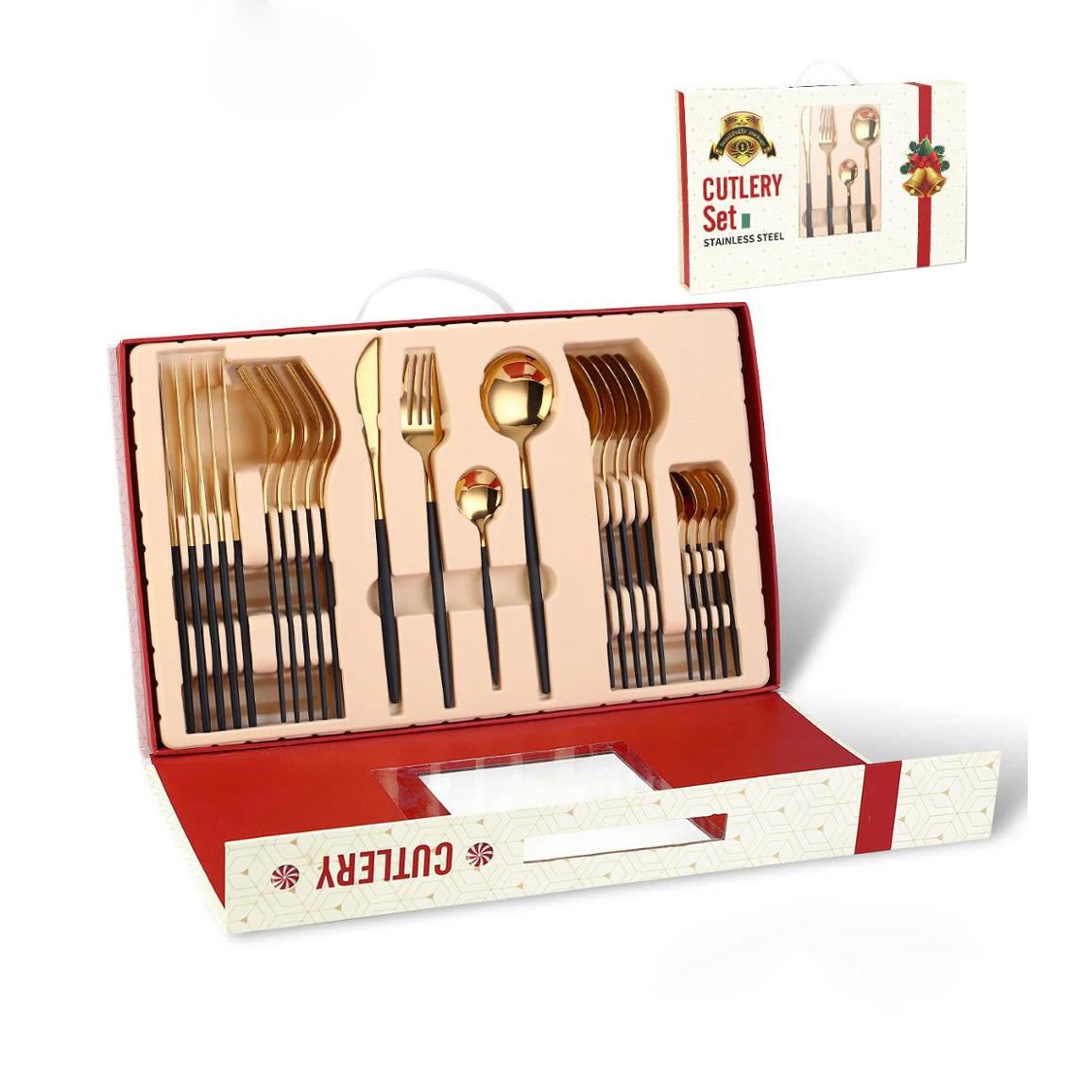 
Christmas Cutlery Hot Sale Luxury 24 Pieces Food Grade Stainless Steel Black Gold Flatware Set With Gift Box 