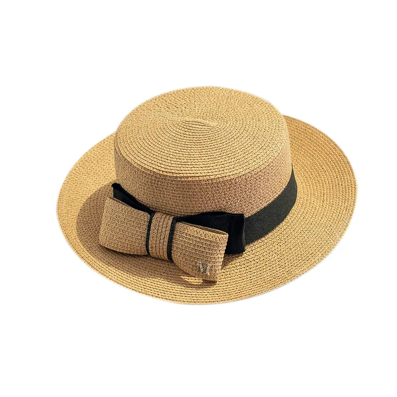 2022 Summer Bowknot Ladies Wide Brim Flat Top Sunshade Beach Straw Hat For Women