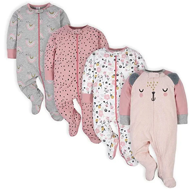 OEM Custom Autumn Winter Soft Organic Baby Clothes Jumpsuits Long Sleeve Knitted Cotton Kid Pajamas Baby Rompers With Zipper
