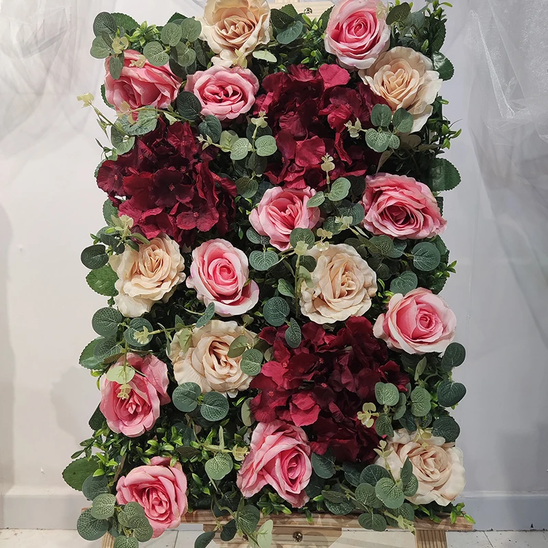 Latest Design Decoration Red Peach Rose Hydrangea Artificial Flower Backdrop Floral Wall Panel Roll up for Wedding