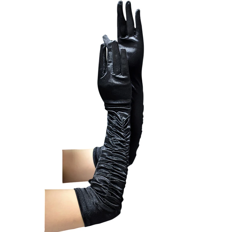Women Party Gloves Long Sleeve Wrinkled Black White Satin Fabric Lady Fashion Beauty Glove for Party