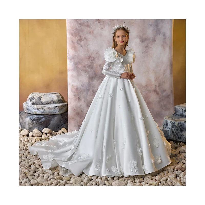 Girls high-end trailing princess dress flower girl wedding dress applique Trailing party little girl prom dress