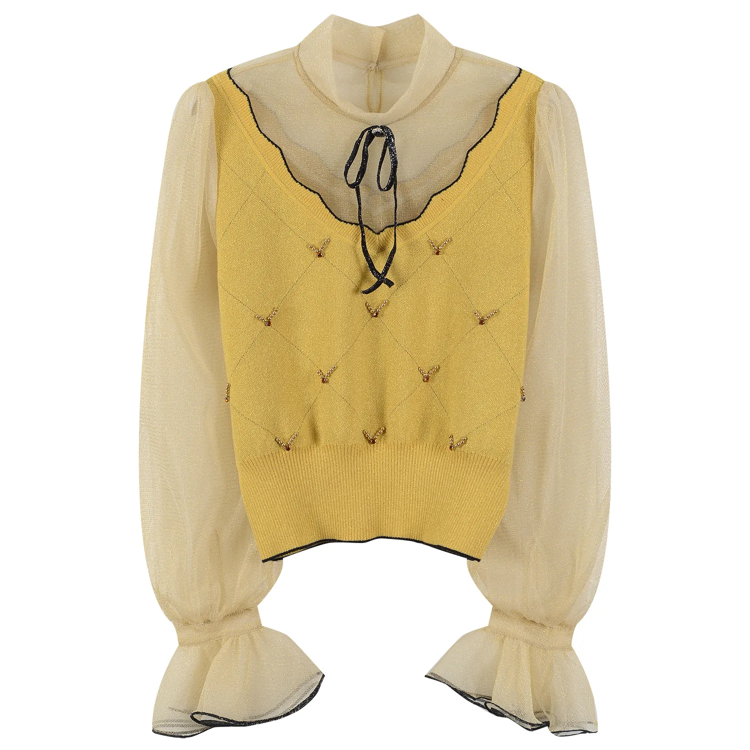 Delicacy Gauze Patchwork Lady Flared Long Sleeve Bows Fine Workmanship Beads Women Pullover Knit Shirts