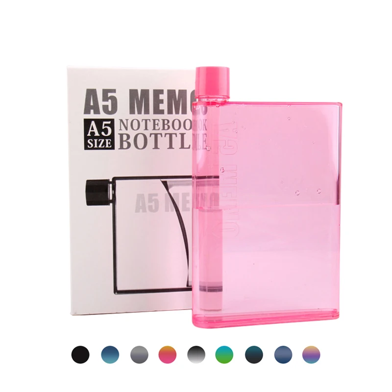420ml A5 Clear plastic Sports Notebook sports drink bottle Square Flat Water Bottle with Custom Logo