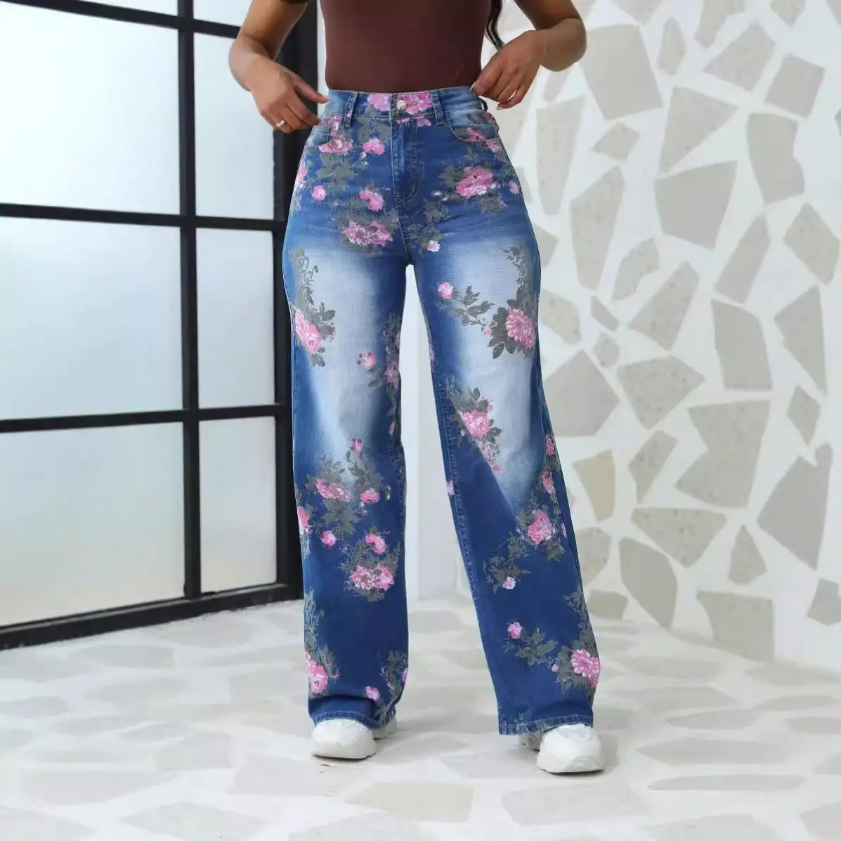2024 HO Trendy Printed Plus Size Wide Leg Pants Jeans