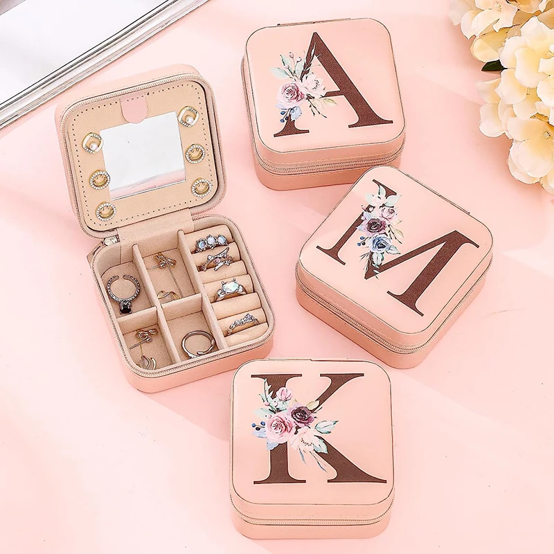26 Initial Letter Flower Jewelry Organizer Box with Mirror for Women Birthday Gifts Small Travel Jewellery Storage Case