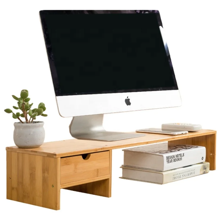 Custom Bamboo Laptop Desk with Drawer Monitor Riser Stand Office Desk Organizer Storage Holders TV PC Rack For Wholesale