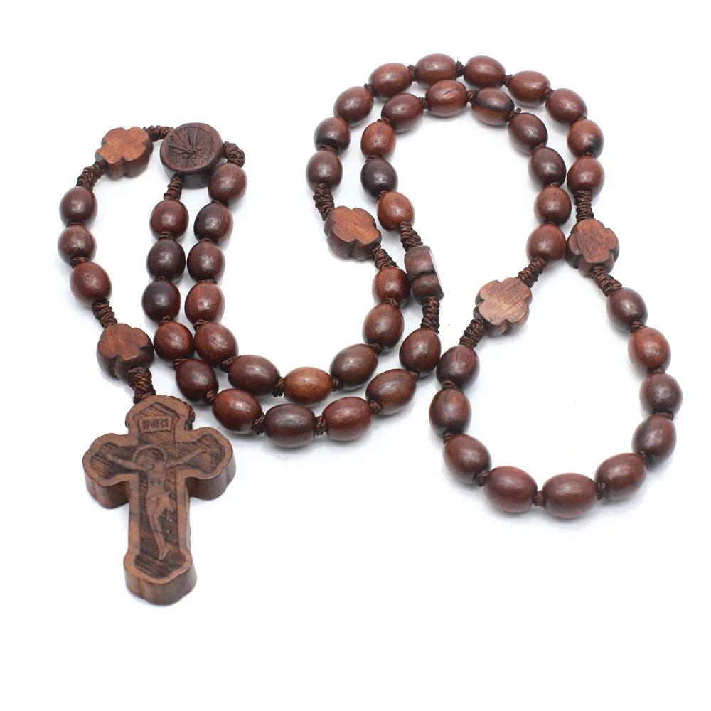 2024 New Wholesale cheap rosary wooden catholic beads religious rosary with cross jesus pendant necklace