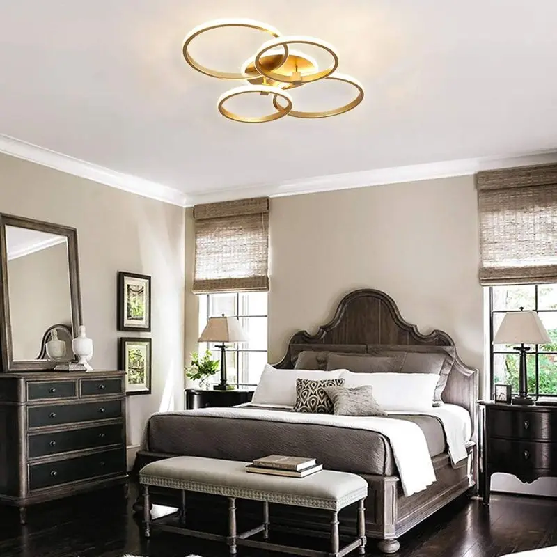 Modern Ceiling Lamp Gold Circle Dimmable Remote Pendant Lights Fixture 4 Ring Flush Lighting Mount Acrylic Iron Chandelier