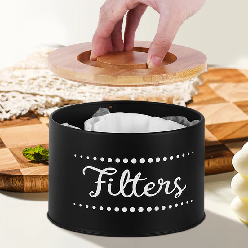 Galvanized Iron Black Coffee Filter Basket Coffee Filters Holder Storage Dispenser for Counter Bar Round Coffee Filter Container