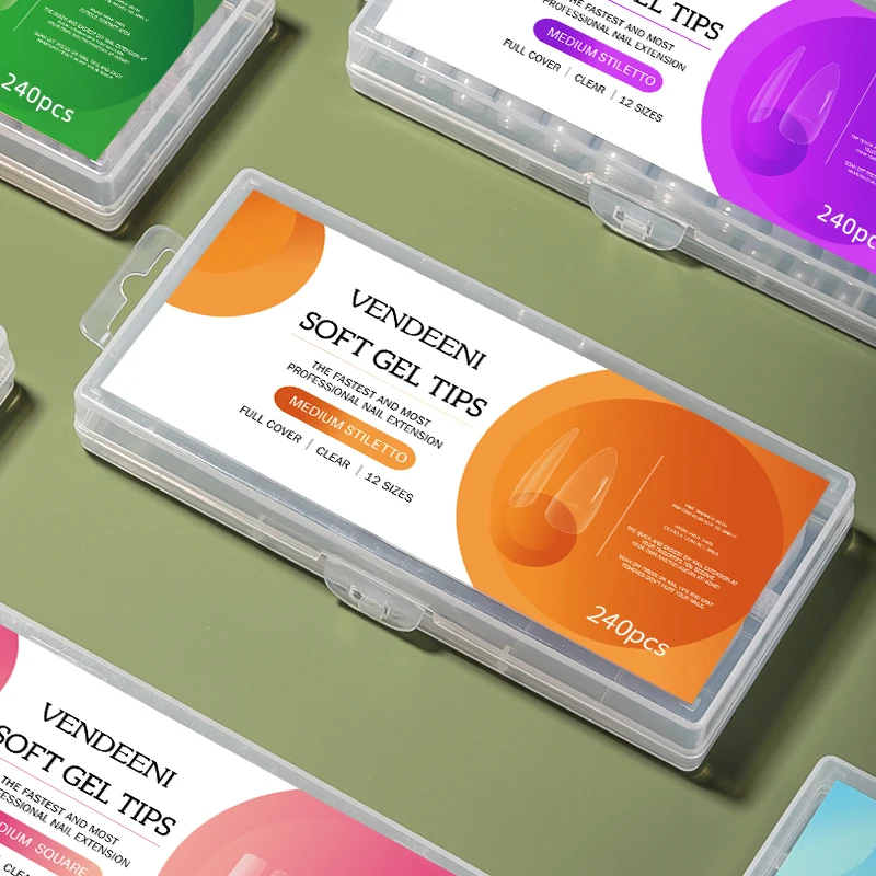 Acrylic Soft Gel Tips Full Cover OVAL MEDIUM 240 PCS Gel False Clear Extra Long Private Label Press on Nail Tips with Box