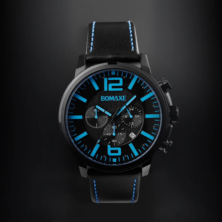 Japan Movement Luminous Three eyes Sapphire Glass 5ATM Water Resistant Genuine Leather Strap Black Men Wrist