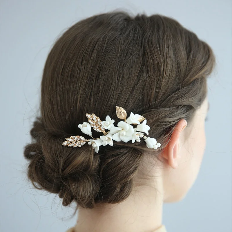 Wholesale Fashion Jewelry Set Ceramic Flower Wedding Headpiece Hair Clip Accessories Bridal Hair Pins For Women