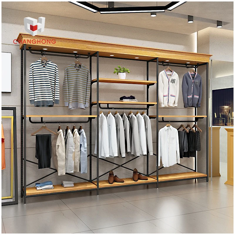 Commercial Iron Clothing Rack Wall Mounted Hanging Shelf For Clothing Racks For Clothing Store Men with LED Lights