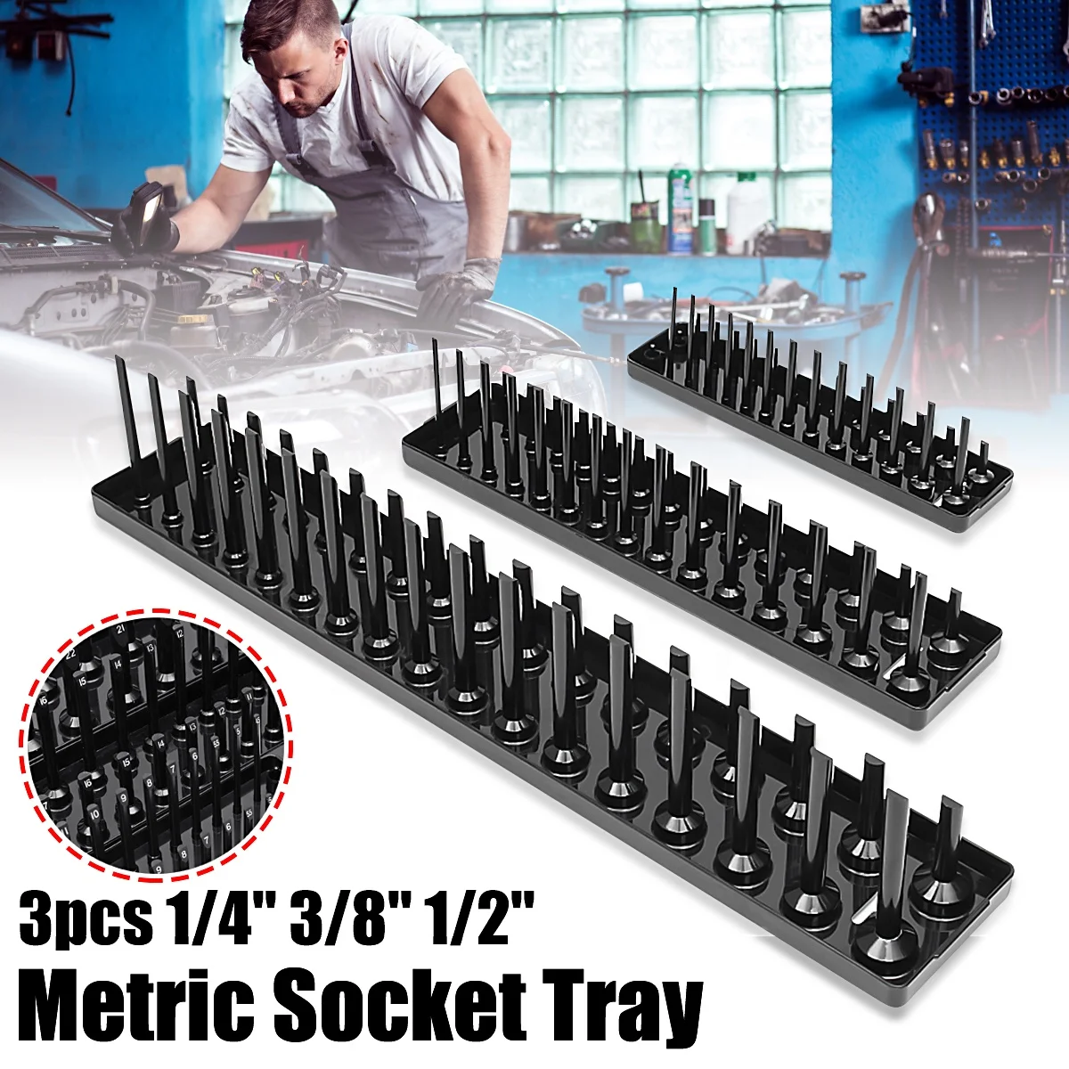 CHRT 3Pcs Socket Tray Set High Quality Plastic Socket Holder Organizer Red SAE & Black Metric 6 PCS Socket Organizer Tray Set