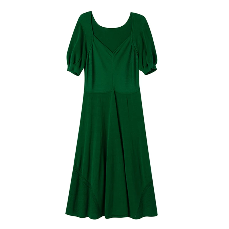 GOTS GRS High Quality Anti-Static Solid Color Black Green Ice Silk Knitted Summer French Style Elegant Dress