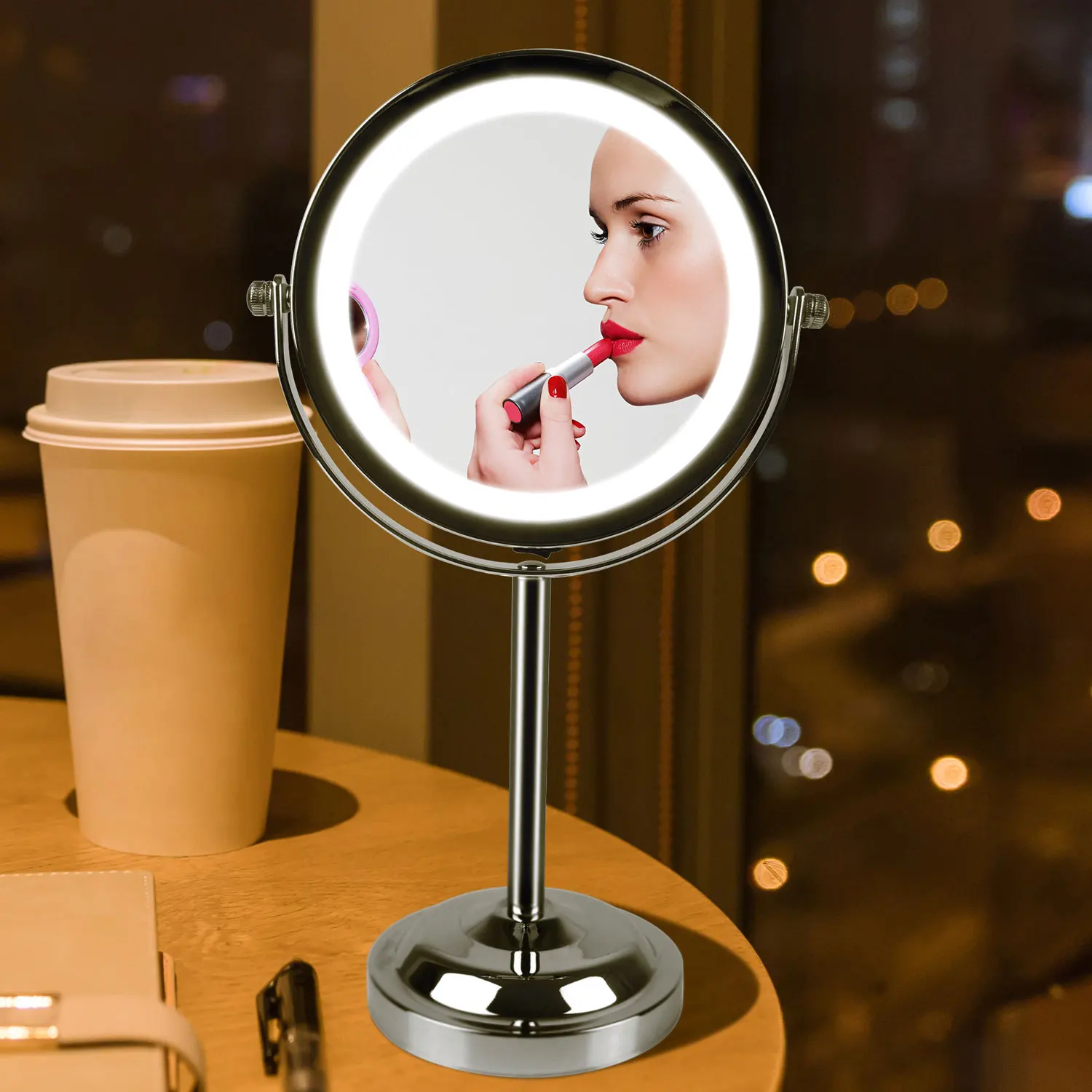 2022 Amazon Hot Saleling 360 Degree Rotation LED Makeup Mirror Double Sided Round 3X Magnification LED Lighted Mirror