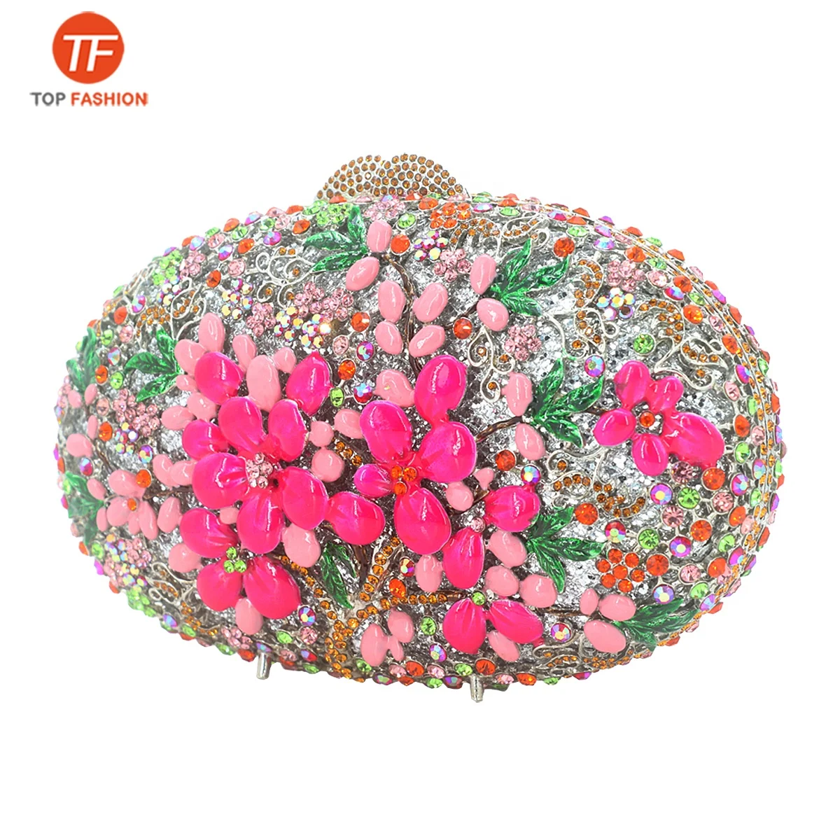 China Factory Wholesales Crystal Rhinestone Clutch Bag for Formal Party Diamante Enamel Flower Oval Minaudere Women Evening Bag