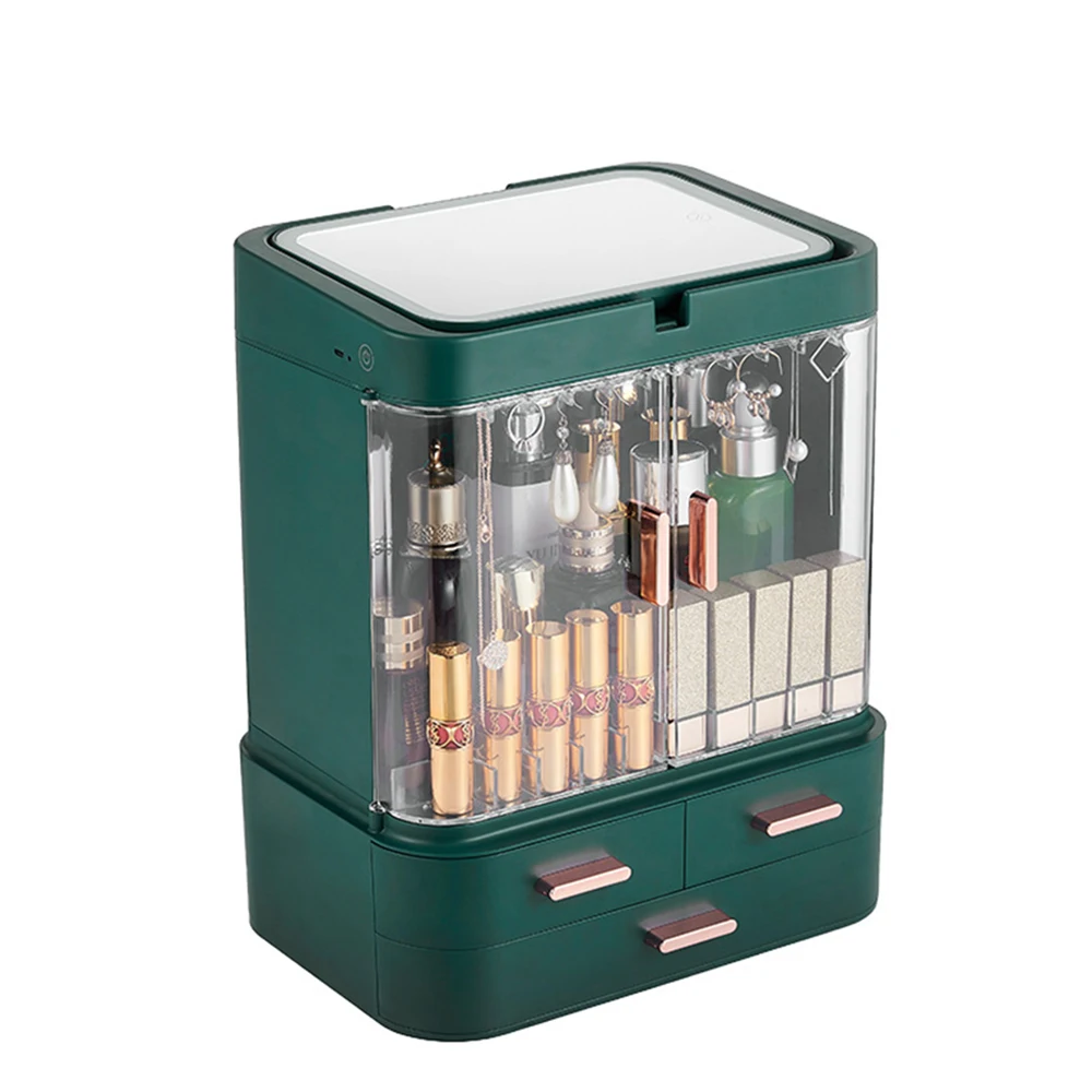 Storage Box Cosmetic Storage Box Drag-And-Drop Desktop Jewelry And Skin Care Product Storage Rack Dustproof Led Makeup Mirror