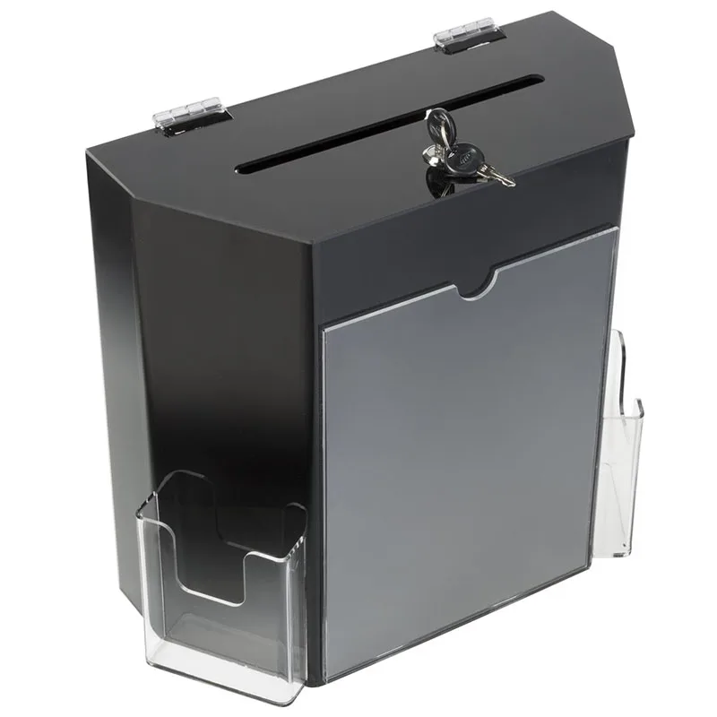 Wall Mount Black Acrylic Ballot Voting Suggestion Donation Box with 2 Pocket and Sign Holder