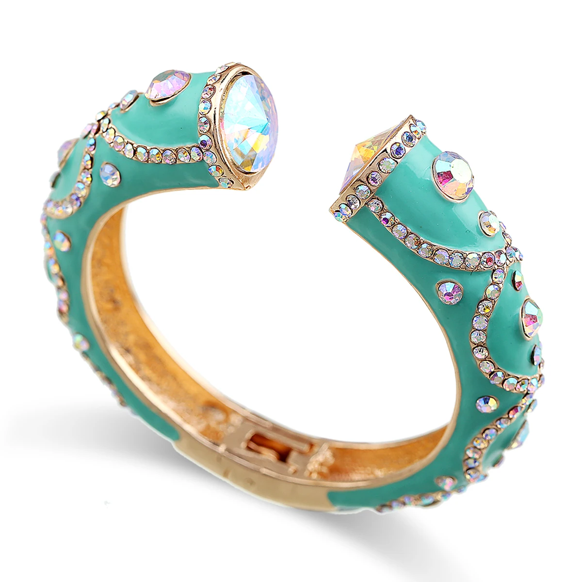 KAYMEN Double Shining Satellite Stone and Rhinestones Enameled Colorful Cuff Bracelet Statement Bangle Jewelry
