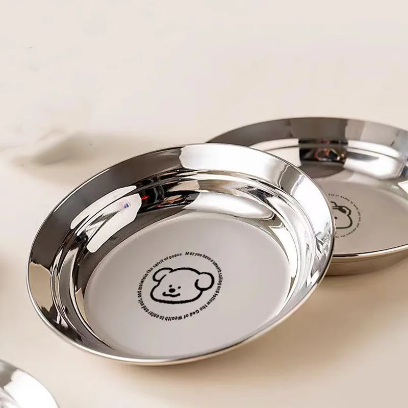 SUS304 Cartoon Printed Pattern Stainless Steel Dishes Candy Cake Snack Tray Round Dining Plate For Kids