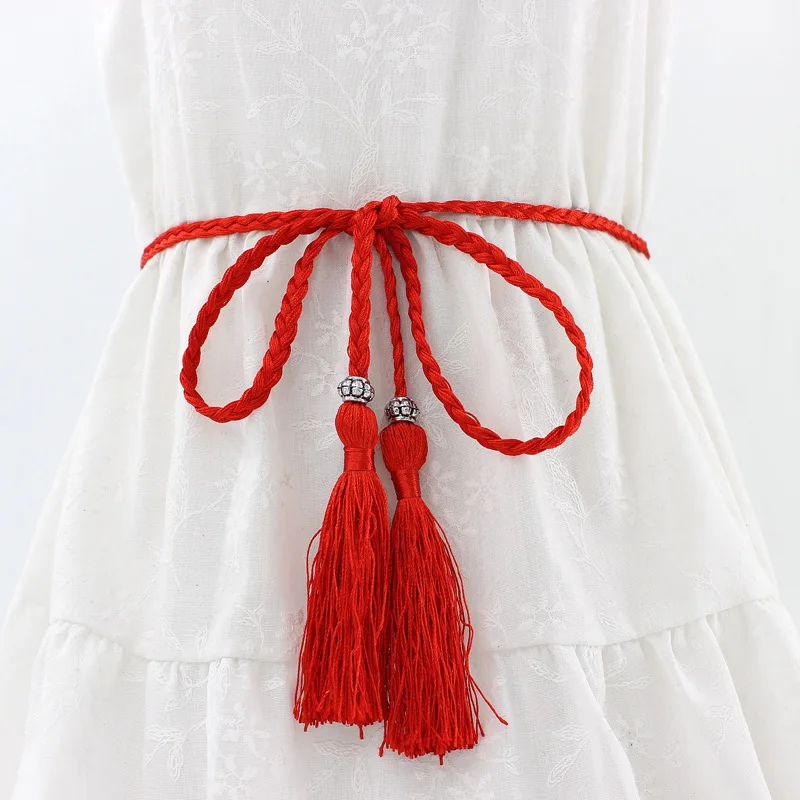 Fine knotted decorative rope waist chain female braided tassel cotton belt for women Factory direct sale