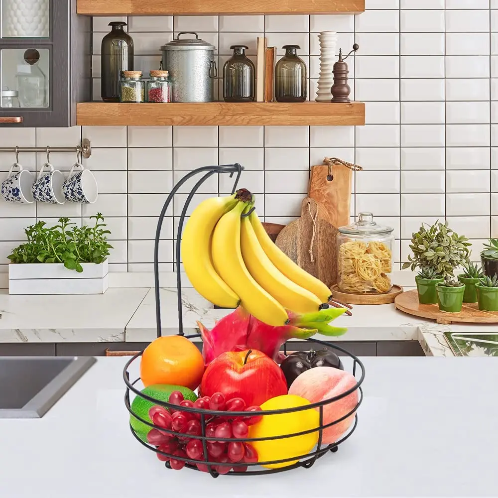 Кухонная корзина для фруктов с 2 ярусами из металлической проволоки и вешалкой бананов