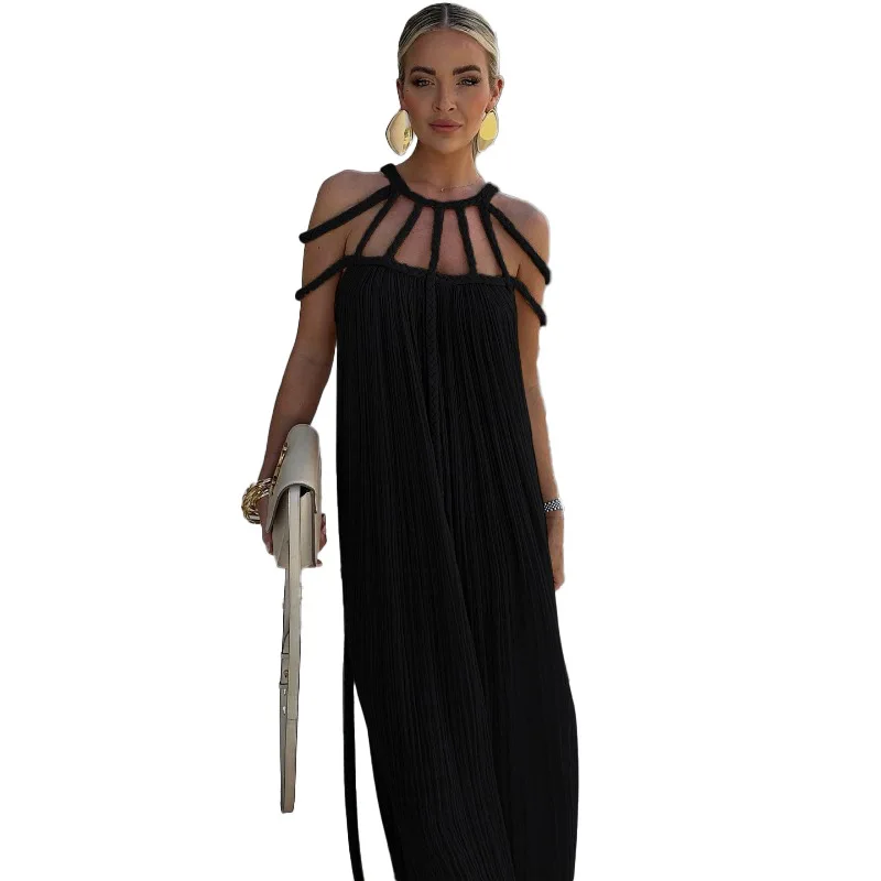 Summer Vaction Women Crochet Cut Off Shoulder Backless Halter Beach Dress Loose Hem Party Long White Beach Dress