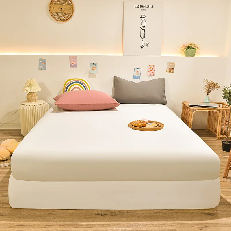 Bed Sheet Set Queen Size Fitted Morandi Solid Color Washed Cotton  Fitted Sheet