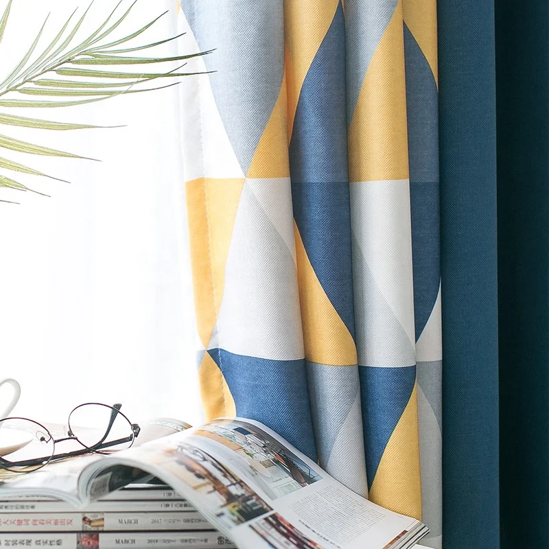Nordic Style Printed Soft Blackout Sound Insulation Meteor Linen Triangle Printing Stitching Curtain Rideaux Salon Moderne