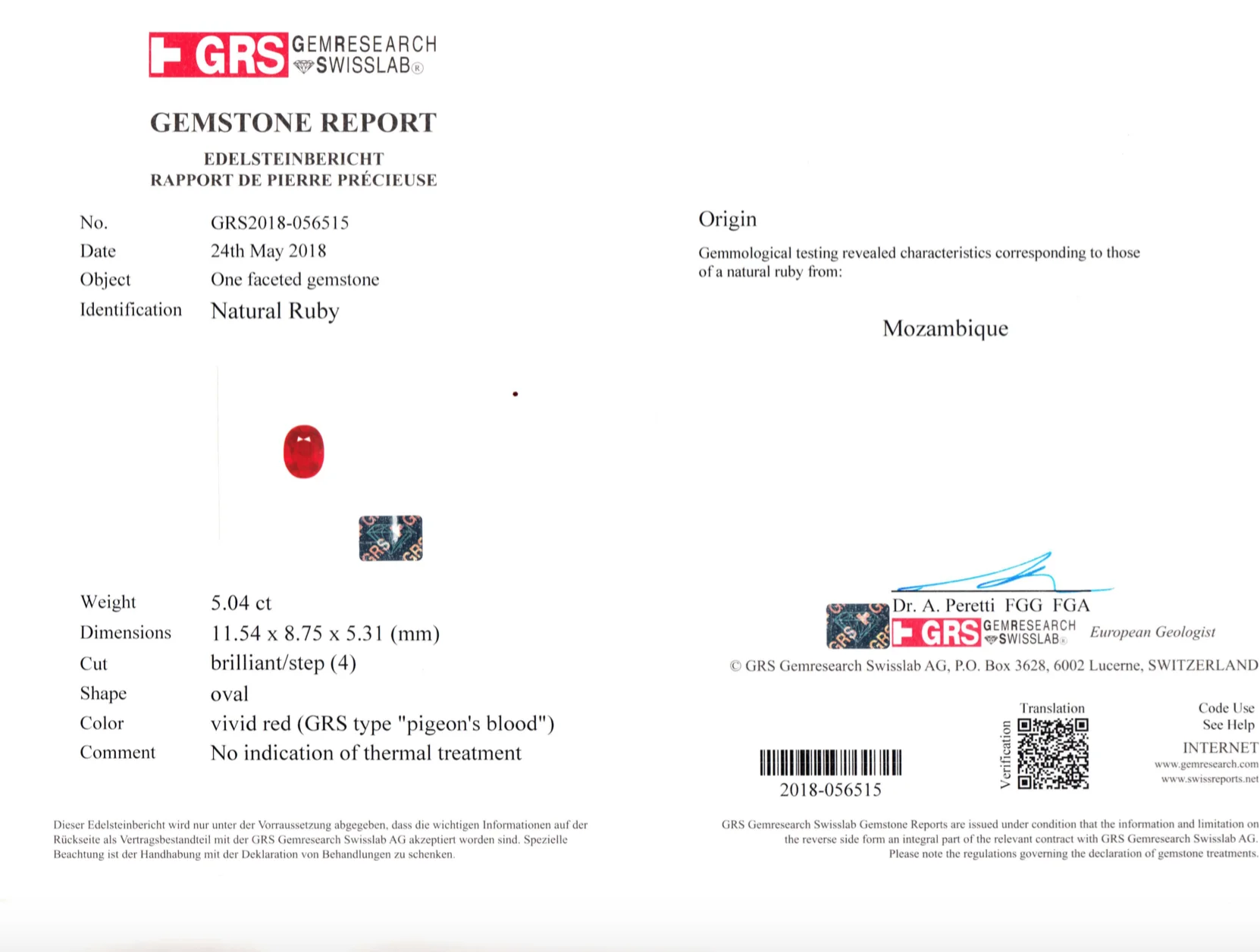 
5.04 carat Pigeon Blood Red MOZAMBIQUE Ruby Oval Shape No evidence Of Heat GRS Certified Loose Gemstone Ruby Stone By Real Gems 