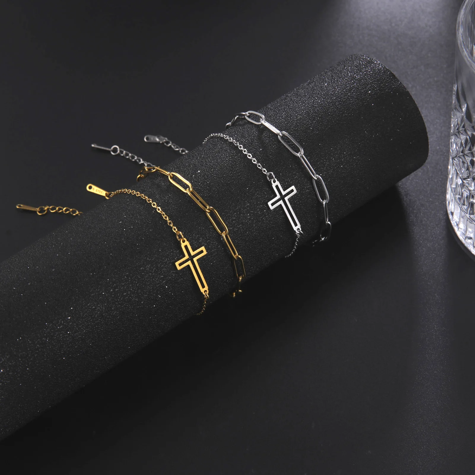 2pcs Double Layer Hollow Cross Hand Bracelet Stainless Steel Gold Color Supernatural Charm Bracelet Women Jewelry