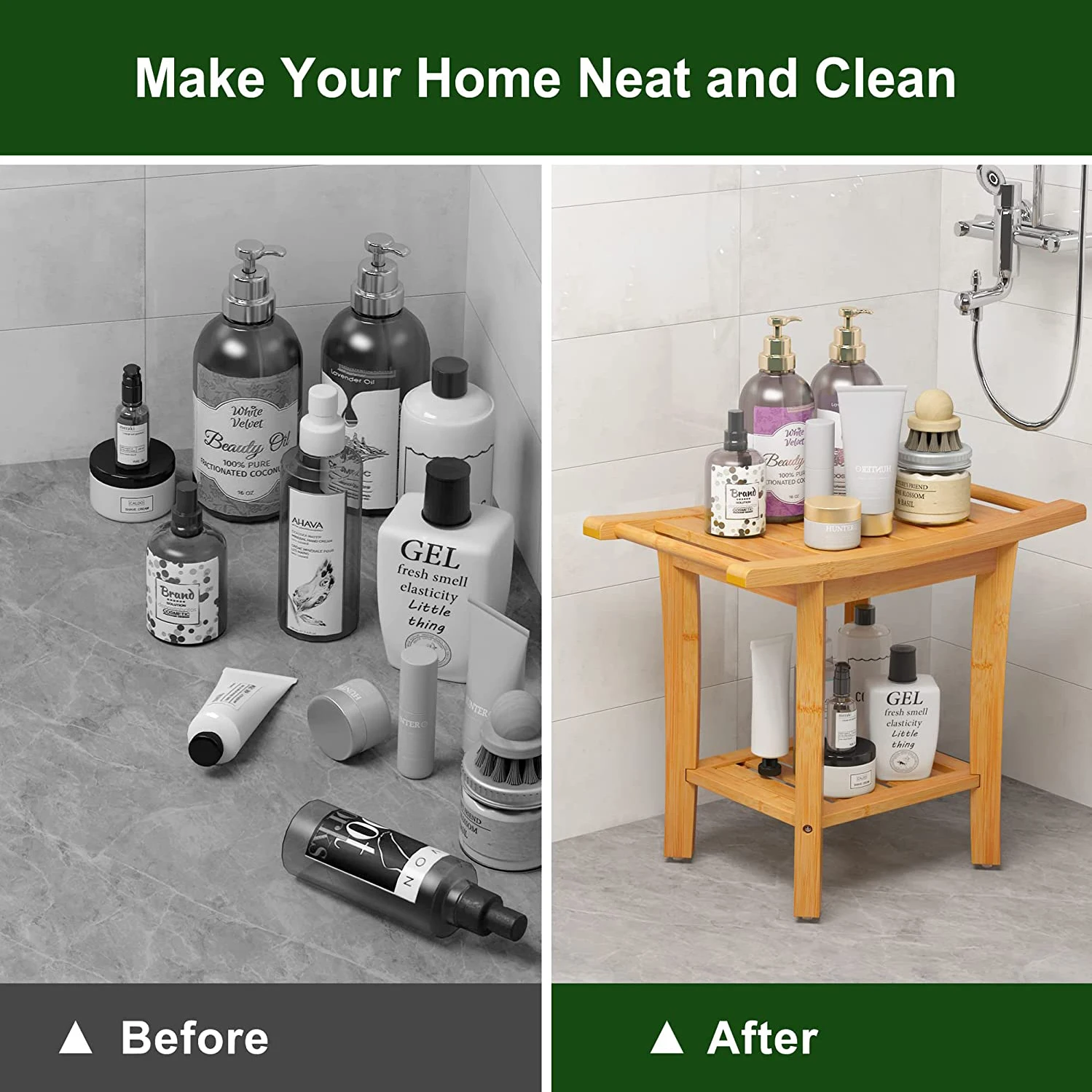 Inside Shower Seat Chair Non-Slip Feet 2-Tier SPA Shower Stool Bamboo Shower Bench for Bathroom