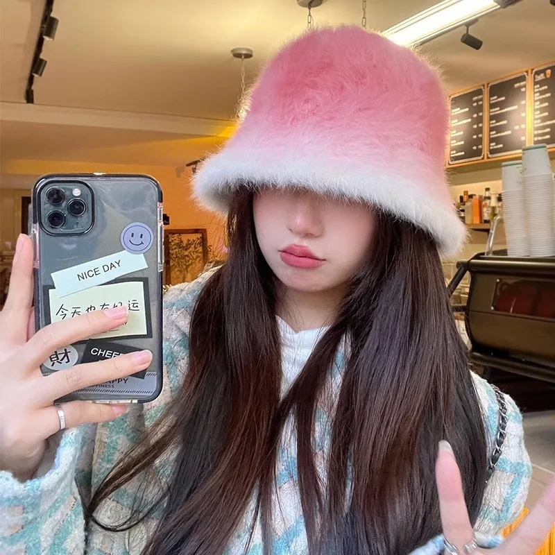 Gradient Rainbow Rabbit Fur Bucket Hat Fashion High-end Women Autumn Winter Warm Plush Fur Hat for Woman